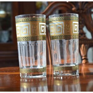 Vintage Culver 22k Gold Greek Key Highball Glasses - Mid Century Barware MCM